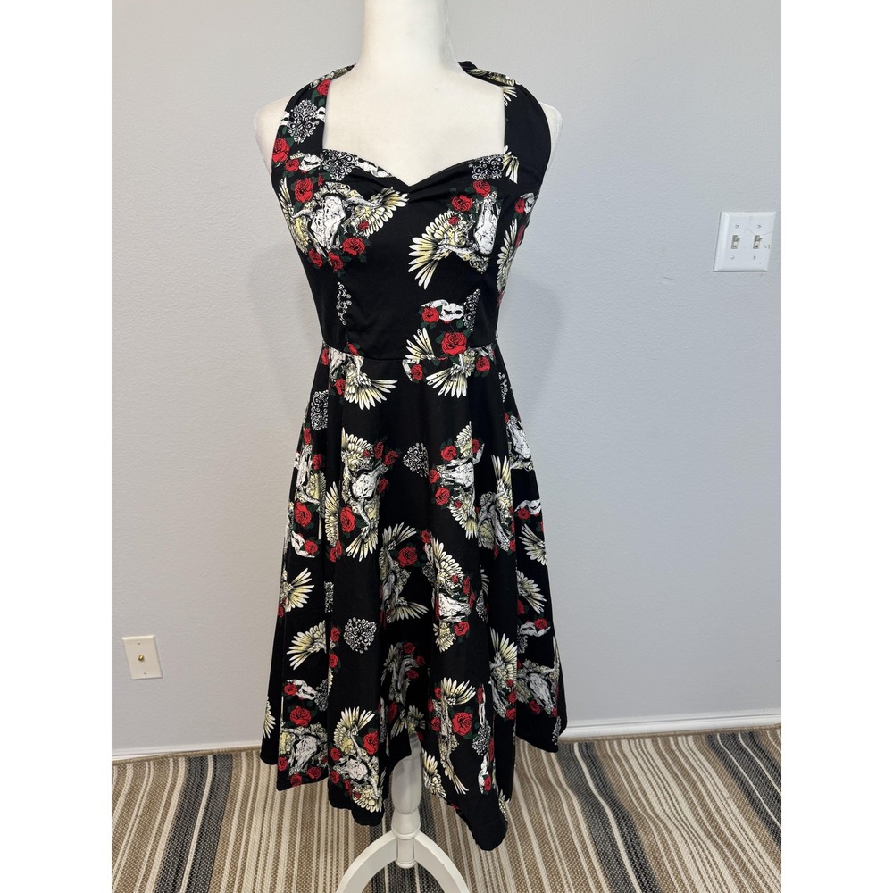 Hell Bunny Vixen Halter Dress Women's Small Black Skull Rose Midi Rockabilly